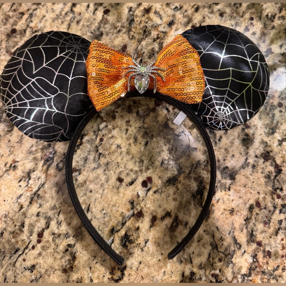 Disney Mickey Mouse Ears Black & Orange Spider Web Halloween Headband NWOT